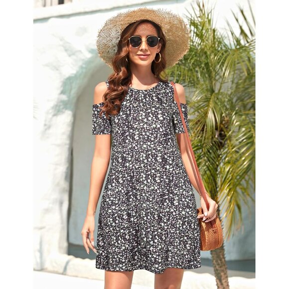 🆕Women Black Floral Cold Shoulder Dress Short Sleeve Sundress Pocket Polyester - Picture 2 of 5